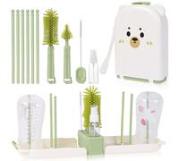 AOOTE Baby Bottle Brush Set with Storage Drying Rack Holder, Baby Travel Bottle Cleaner Kit with Silicone Bottles Brush, Nipple & Straw Brushs,Drying Rack,Plastic Spray Bottles,Storage Box,Green