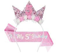 AOOTE Birthday Sash and Tiara, 5th Happy Birthday Decorations Headbands, Princess Crown Hats Girl, Princess Party Glitter Hair Band Decorations Gifts for 5 Year Old Girls
