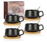 AOOTE Cappuccino Cup & Saucer Set, 4 Pcs Porcelain Espresso Coffee Cup with Saucer and Spoon, 280ML Wide Cappuccino Cups, Ceramic Coffee Cups Set for Tea, Coffees, Espresso, Americano, Latte