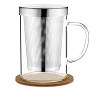 AOOTE Clear Glass Tea Mugs with Infuser and Lid,500ml Glass Tea Infuser Cup with Natural Cork Coaster,Tea Mug in Borosilicate Glass with Handle,Glass Tea Steeping Mug for Tea,Beverages,Ice Coffee
