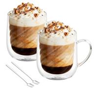 AOOTE Double Walled Glass Mugs, 2PCS Double Walled Coffee Glasses, 350ML Borosilicate Heat Resistant Glass Cups with Handles and Spoons, Cappuccino Latte Glasses Cups for Coffee Milk Juice Ice Cream