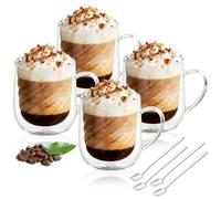 AOOTE Double Walled Glass Mugs, 4PCS Double Walled Coffee Glasses, 350ML Borosilicate Heat Resistant Glass Cups with Handles and Spoons, Cappuccino Latte Glasses Cups for Coffee Milk Juice Ice Cream