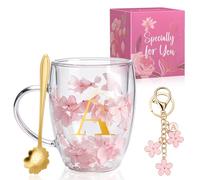 AOOTE Dried Flowers Double Wall Glass, 350ML Dried Flowers Tea Cups with Handle and Spoon, Flower Keychain, Gifts for Women Glass Coffee Mug for Christmas Valentines Day Mothers Day