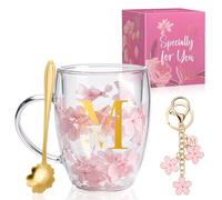 AOOTE Dried Flowers Double Wall Glass, 350ML Dried Flowers Tea Cups with Handle and Spoon, Flower Keychain, Gifts for Women Glass Coffee Mug for Christmas Valentines Day Mothers Day