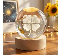 AOOTE Four Leaf Clover 3D Crystal Ball, 3D Crystal Ball, Decor Glass Ball Wooden Base with Light, USB Interface with Power Switch, Crystal Ball Ornaments for Home Decor, Tabletop, Birthday Gift