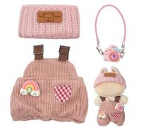 AOOTE Stylish Doll Clothes, 3 Pcs Dolls Clothes Set, Plush Dolle Cloth for 17cm Dolls, Set Include 1 Dungarees, 1 Wool Hat, 1 Pink Camera, Cute Dress Up Gift for Girls Boys, Only Clothe, No Doll