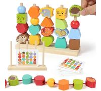 AOOTE Wooden Beads Sequencing Toy Set, Montessori Wooden Toys for Boys and Girls, Stacking Blocks & Lacing Beads & Matching Shapes, Threading Bead Stacking Blocks Toys for Toddlers 3+ Year Old