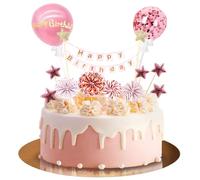 AOOTUERL Happy Birthday Cake Topper, Rose Gold Glitter Birthday Cake Topper Kit, Cupcake Decorations, Star Paper Fan Confetti Balloon 12pcs Romantic Cupcake Topper for Girls Women Birthday Decorations