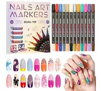 AOOWU 12 Pcs Nail Art Pens Set, 24 Colors 3D Nail Art Pens Set, Nail Graffiti Drawing Pen, Dual-Ended Nail Polish Pens, Nail Varnish Pen, Quick Dry Nail Art, Fine Tip Manicure Tools for Women Girls