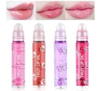 AOOWU 4 Pcs Hydrating Lip Oil Set, Fruit-Flavored Plumping Lip Oil For Dry Lip, Long Lasting Lip Glow Balm Lip Care, Transparent Moisturizing No-Sticky Lip Gloss(Peaches, Strawberry, Grape, Cherry)