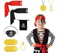 AOOWU 8 Pcs Pirate Costume Accessory Set, Pirate Role Play Outfit With Headscarf, Eyepatch, Earring, Necklace, Gold Coins, Money Bag, Pirate Captain Costume for Halloween Party, Masquerade