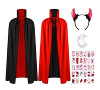 AOOWU Adult Hooded Cape Set,Reversible Hooded Cape Cloak for Adults, Unisex Black Red Vampire Witch Costume with Vampire Dentures & Scar Tattoos & horn headband,Halloween World Book Day Cosplay Attire