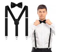 AOOWU Black Bow Tie and Suspender Set for Men Women, Solid Color Black Bow Ties Mens Black Suspenders Y Shape with Strong Clips Adjustable Brace Bowtie for Halloween Christmas Cosplay Wedding Party