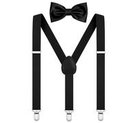 AOOWU Black Bow Tie and Suspender Set for Men Women, Solid Color Black Bow Ties Mens Black Suspenders Y Shape with Strong Clips Adjustable Brace Bowtie for Halloween Christmas Cosplay Wedding Party