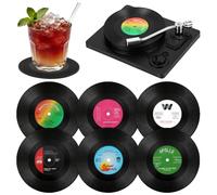 AOOWU Black CD Record Coasters, 6 Pack Funny Retro Vinyl Record Coasters with Player, Music Coasters Set for Drinks, Bars, Cafes, Home, Party, Office, Gifts for Music Lovers, Birthday Gifts for Men