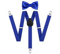 AOOWU Blue Bow Tie and Suspender Set for Men Women, Solid Color Bow Ties Mens Suspenders Y Shape with Strong Clips Adjustable Brace Bowtie for Halloween Christmas Cosplay Wedding Party