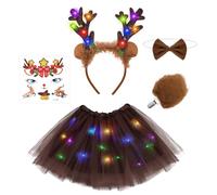 AOOWU Deer Costume Set for Kid, 5PCS Animal Costume Set Light Up Tutu Skirt with Light Up Deer Antlers Tail Bow Tie Deer Sticker, Sika Deer Animal Fancy Dress Costume for Halloween Theme Party Cosplay