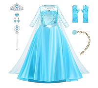 AOOWU Elsa Costume, Elsa Dress with Crown Tiara and Wand Princess Accessories, Deluxe Snow Queen Fancy Dress for Girls, Princess Dress Up for Birthday Party Halloween Cosplay,130CM