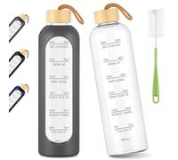 AOOWU Glass Water Bottle with Time Marker, 1000ml Leak-proof Motivational Water Bottle