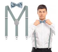AOOWU Grey Bow Tie and Suspender Set for Men Women, Solid Color Grey Bow Ties Mens Grey Suspenders Y Shape with Strong Clips Adjustable Brace Bowtie for Halloween Christmas Cosplay Wedding Party