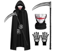 AOOWU Halloween Cape,Black Grim Reaper Costume for Men, 4 PCS Spooky Horror Robe With Scythe Prop Gloves Facewear Cloak Set Halloween Skeleton Reaper Fancy Dress for Adult Adoles cent Death Cosplay