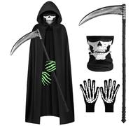 AOOWU Halloween Costumes,Black Grim Reaper Costume for Men,4 PCS Spooky Horror Robe With Scythe Prop Gloves Facewear Cloak Set Halloween Skeleton Reaper Fancy Dress for Adult Adoles cent Death Cosplay