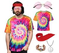 AOOWU Hippie Costumes for Men Women 60s/70s, 5 PCS Hippie T-Shirt Hippie Sunglasses Headband Weaving Bracelets, Rock Star Party Rockstar Day, Hippy Fancy Dress for Adult Party Carnival