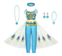 AOOWU Jasmine Princess Costume for Girls, Aladdin Princess Costume with Headband, Bracelet, Necklace, Earrings, Jasmine Fancy Dress Up Set, Arabian Princess Cosplay Outfit for Birthday Halloween Party