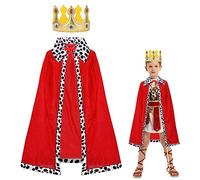 AOOWU Kids King Cape, Children's King Costume with Crown, Red Velvet Royal Robe for Boys Girls, Medieval Prince King Queen Cape Cloak Coat for Halloween Fancy Dress Cosplay Party Carnival, 80cm