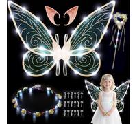 AOOWU Light up Fairy Wings, Kids Butterfly Wings Cape Fairy Angel Princess Costume Fairies Wing Set With Wands Crown Ears Flower Headband Diamond Sticker for Halloween Birthday Chrismas (A)