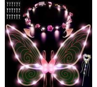 AOOWU Light up Fairy Wings, Kids Butterfly Wings Cape Fairy Angel Princess Costume Fairies Wing Set With Wands Crown Ears Flower Headband Diamond Sticker for Halloween Birthday Chrismas (D)