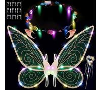 AOOWU Light up Fairy Wings, Kids Butterfly Wings Cape Fairy Angel Princess Costume Fairies Wing Set With Wands Crown Ears Flower Headband Diamond Sticker for Halloween Birthday Chrismas (C)