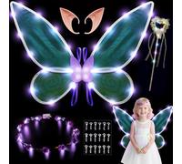 AOOWU Light up Fairy Wings, Kids Butterfly Wings Cape Fairy Angel Princess Costume Fairies Wing Set With Wands Crown Ears Flower Headband Diamond Sticker for Halloween Birthday Chrismas (B)
