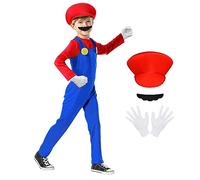 AOOWU Mario Costume for Kids, 4PCS Kids Mario Costume Set with Mario Jumpsuit, Cap, Beard & Gloves, Mario Luigi Bros Plumber Fancy Dress Outfit for Boy Girl Halloween Cosplay Carnival Party (Red, M)