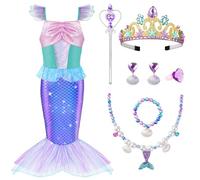 AOOWU Mermaid Costume Kids, Princess Mermaid Dress Set with Accessories for Age 3-9, Little Mermaid Princess Costumes Fancy Dress Up, Ariel Mermaid Glitter Girls Costume for Halloween Cosplay Birthday