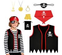 AOOWU Pirate Costume Kids, 7 Pcs Boys Pirate Capitain Role Play Dress Up Set with Vest, Eyepatch, Headband, Capitain Fancy Dress Costume, Pirate Capitain Outfit Set for Birthday Party Halloween Red