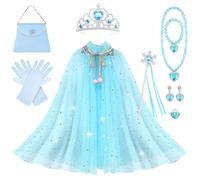 AOOWU Princess Cape Set for Girls, Elsa Princess Cloak with Crown, Wand, Jewelry, Gloves, Princess Elsa Fancy Dress Up Sparkling Sequin Tulle Princess Cape Set for Halloween Christmas Birthday Cosplay