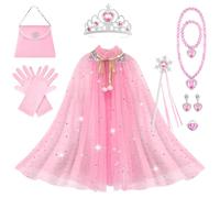 AOOWU Princess Cape Set for Girls, Elsa Princess Cloak with Crown, Wand, Jewelry, Gloves, Princess Elsa Fancy Dress Up Sparkling Sequin Tulle Princess Cape Set for Halloween Christmas Birthday Cosplay