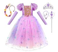 AOOWU Princess Dress Costume,Girls Rapunzel Princess Costume with Glitter 5-Piece Set with Princess Wig,Crown,Wand,Necklace, Earrings and Sleeves Purple Fancy Dress for Kids Birthday Party Halloween