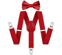 AOOWU Red Bow Tie and Suspender Set for Kids Boys Girls Child, Solid Color Bow Ties Boys Suspenders Y Shape with Clips Elastic Adjustable Toddler Brace for Halloween Christmas Wedding Party Cosplay