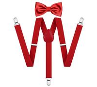 AOOWU Red Bow Tie and Suspender Set - Men Women, Solid Color Ties Clip On Mens Suspenders Y Shape with Strong Clips Adjustable Brace Bowtie for Halloween, Christmas, Cosplay, Wedding, Party