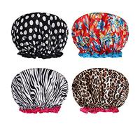 AOOWU Shower Caps, 4 Pack Waterproof Bath Caps Large Reusable Shower Hats, Elastic Band Double Layers Hair Bath Caps with Soft Ruffled Edge for Women Girls Ladies Spa Salon Home Use