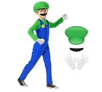 AOOWU Super Plumber Costume for Kids, 4PCS Brothers Workman Cosplay Costume Set with Jumpsuit, Cap, Beard & Gloves, 1980s Videogame Bros Fancy Dress Outfit Costume for Boy Girl Halloween Cosplay Party
