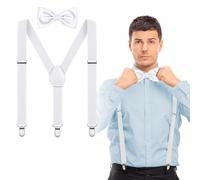 AOOWU White Bow Tie and Suspender Set for Men Women, Solid Color White Bow Ties Mens White Suspenders Y Shape with Strong Clips Adjustable Brace Bowtie for Halloween Christmas Cosplay Wedding Party