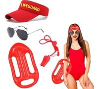 Aopier 4Pcs Baywatch Costume Accessories Set for Women, Lifeguard Costume Include Inflatable Float Sun Visor Hat Whistle Sunglasses for Adults Men Teenager Halloween Carnival Cosplay Party