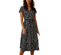 Aopir Asian Dresses for Women Women's Polka Dot Midi Dress Short Sleeve V Neck Button Down Casual Summer Dress with Waist Belt 3XL