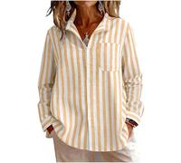 Aopir Button Down Shirts for Women UK Long Sleeve Striped Collared Linen Tops Spring Summer Casual Blouse 2026 Yellow Tunic Tops for Women UK L