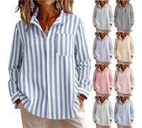 Aopir Button Down Shirts for Women UK Long Sleeve Striped Collared Linen Tops Spring Summer Casual Blouse 2026 Blue Womens Boho Tops M