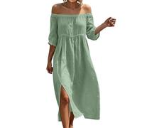 Aopir Cotton Summer Dresses for Over 50S Women's Cotton Linen Off Shoulder Midi Dress 3/4 Sleeve Empire Waist Side Slit Flowy Loose Fit Casual Beach Dress for Summer & Vacation
