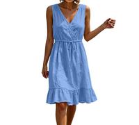 Aopir Drop Waist Dresses Women's Cotton Linen Sleeveless Wrap Dress Elastic Waist with Drawstring Tie Ruffle Hem Lightweight Breathable Casual Mini Dress for Vacation & Everyday